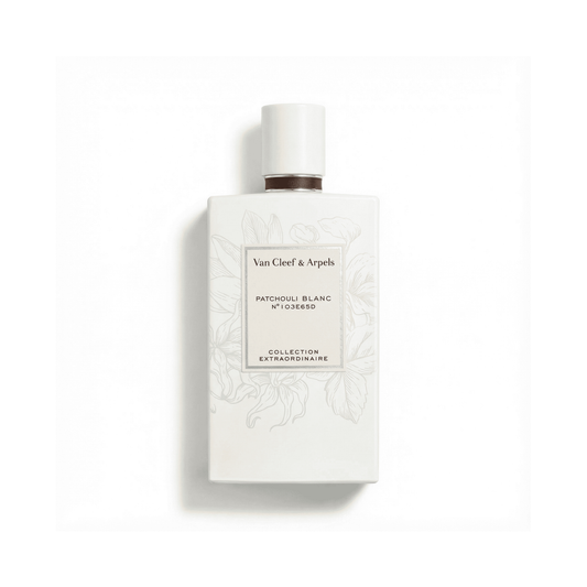 Bottle of Van Cleef Patchouli Blanc EDP fragrance on a white background with soft shadow