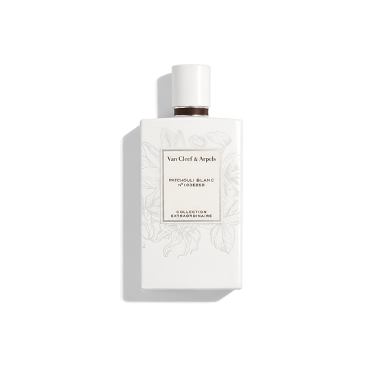 Bottle of Van Cleef Patchouli Blanc EDP fragrance on a white background with soft shadow