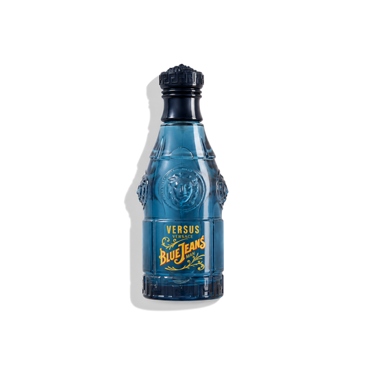 Bottle of Versace Blue Jeans EDT fragrance on a white background with soft shadow