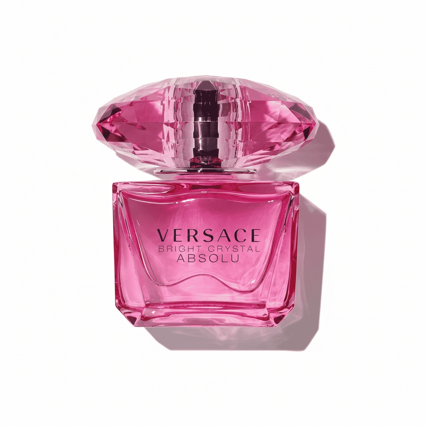 Bottle of Versace Bright Crystal Absolu fragrance on a white background with soft shadow