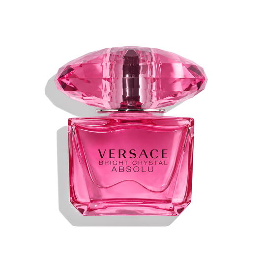 Bottle of Versace Bright Crystal Absolu fragrance on a white background with soft shadow