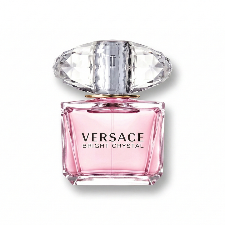 Bottle of Versace Bright Crystal EDT fragrance on a white background with soft shadow