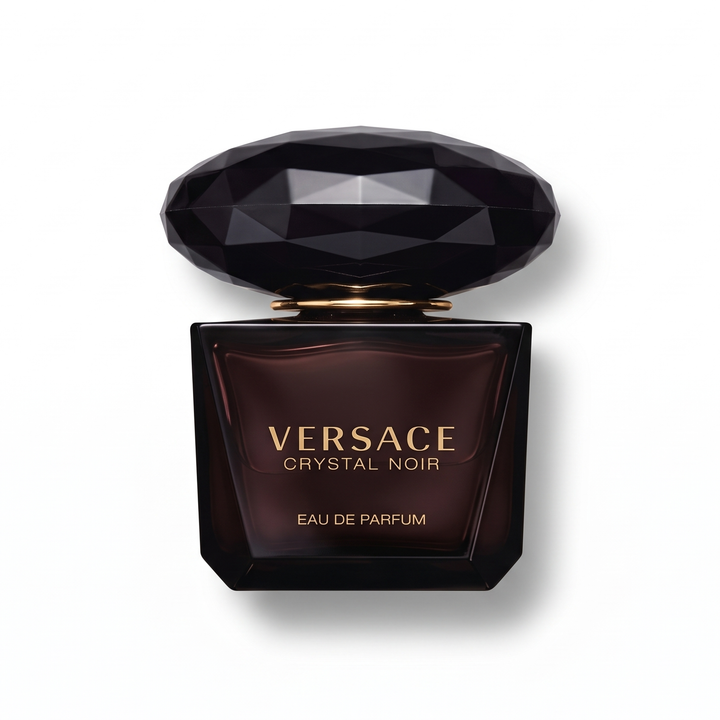 Bottle of Versace Crystal Noir Eau de Toilette fragrance on a white background with soft shadow