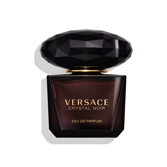 Bottle of Versace Crystal Noir Eau de Toilette fragrance on a white background with soft shadow
