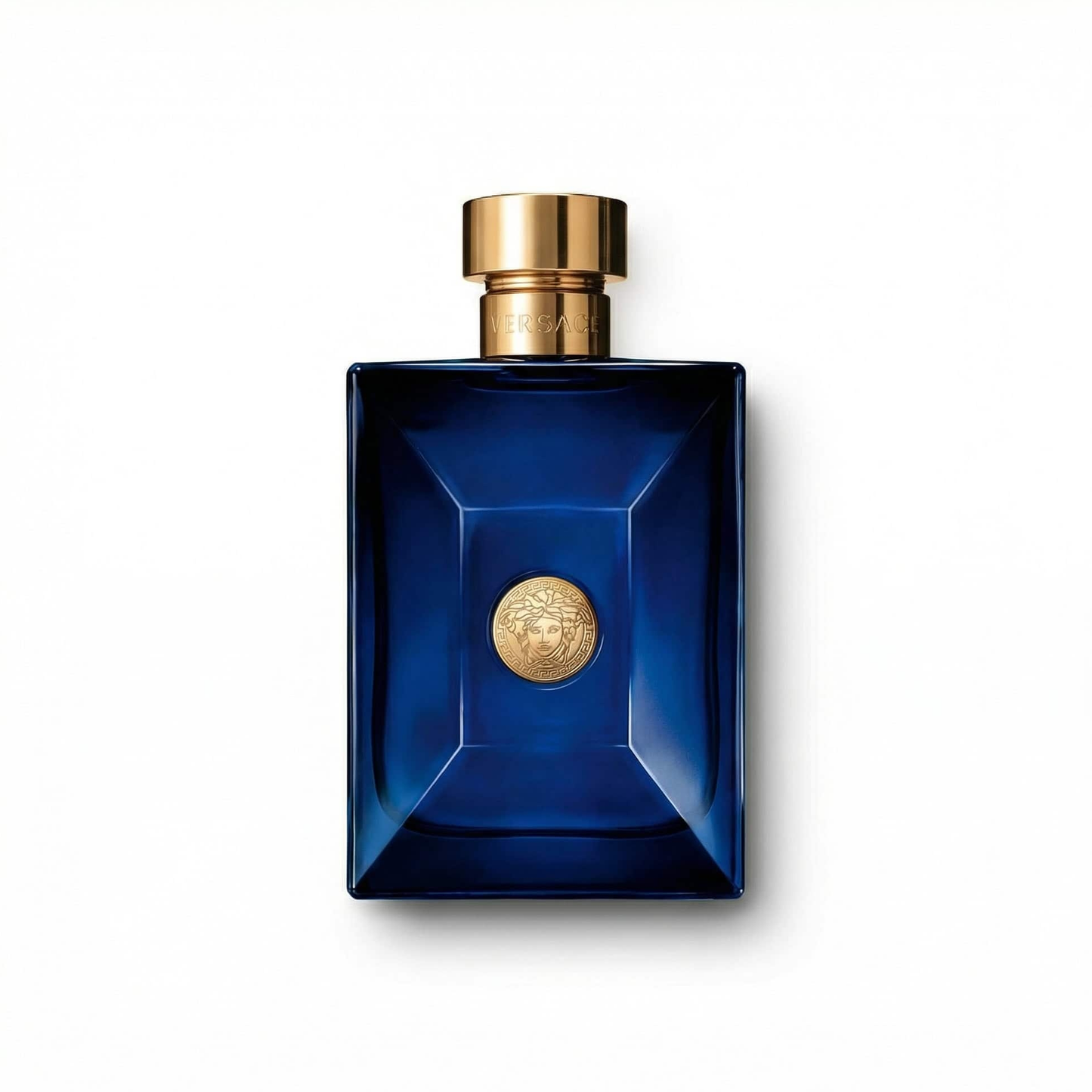 Bottle of Versace Dylan Blue EDT fragrance on a white background with soft shadow