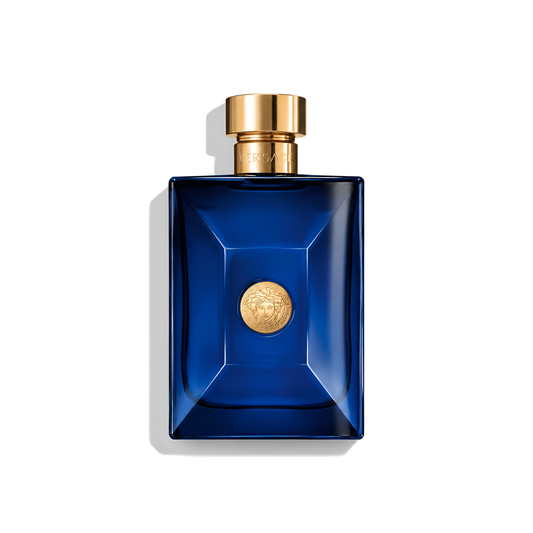 Bottle of Versace Dylan Blue EDT fragrance on a white background with soft shadow