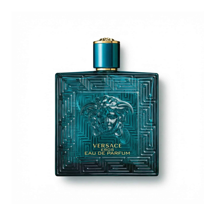 Bottle of Versace Eros Eau de Parfum EDP fragrance on a white background with soft shadow