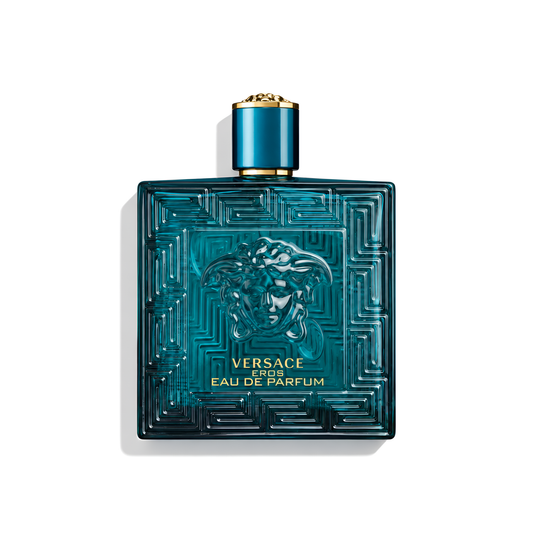 Bottle of Versace Eros Eau de Parfum fragrance on a white background with soft shadow