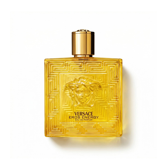 Bottle of Versace Eros Energy EDP fragrance on a white background with soft shadow