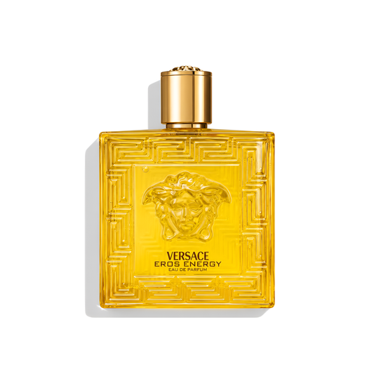 Bottle of Versace Eros Energy EDP fragrance on a white background with soft shadow