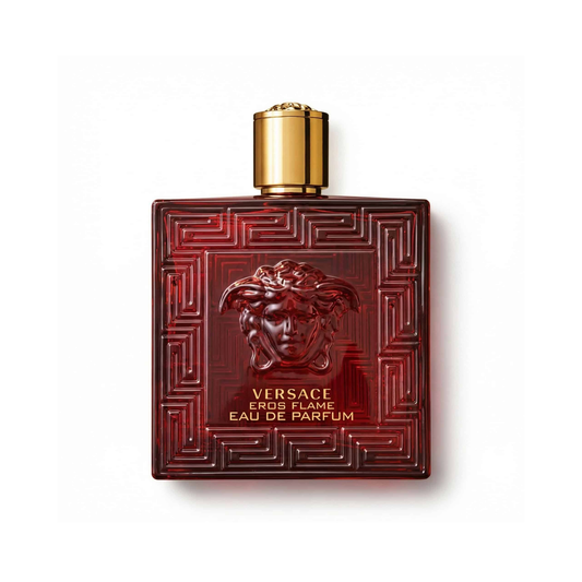 Bottle of Versace Eros Flame EDP fragrance on a white background with soft shadow