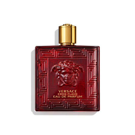 Bottle of Versace Eros Flame EDP fragrance on a white background with soft shadow