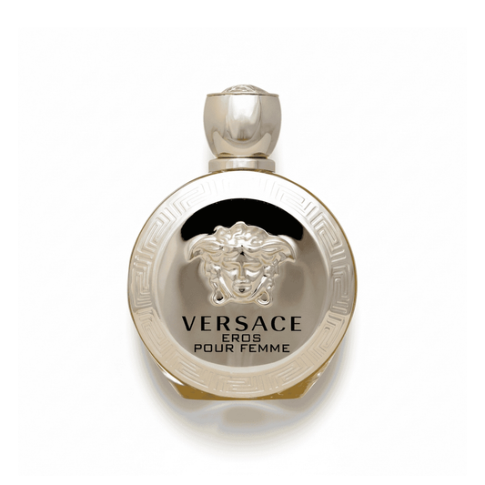 Bottle of Versace Eros Pour Femme EDP fragrance on a white background with soft shadow