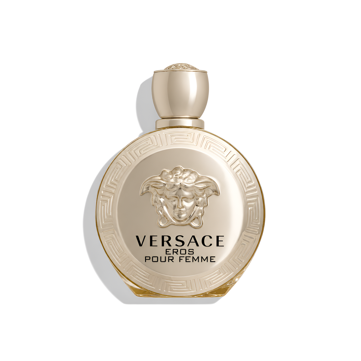 Bottle of Versace Eros Pour Femme EDP fragrance on a white background with soft shadow