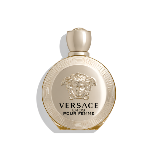 Bottle of Versace Eros Pour Femme EDP fragrance on a white background with soft shadow