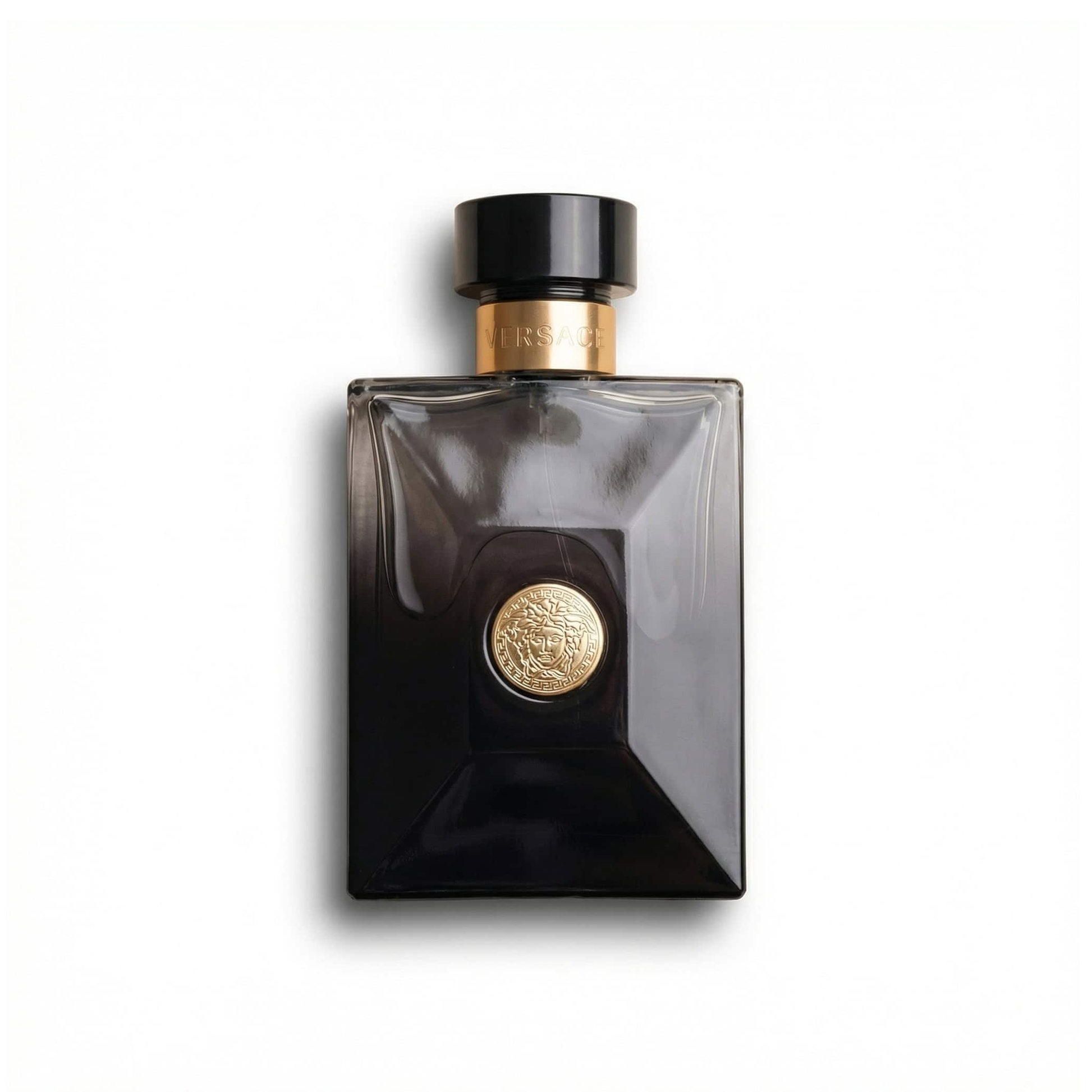 Bottle of Versace Oud Noir EDP fragrance on a white background with soft shadow