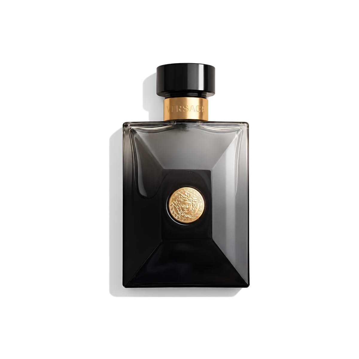 Bottle of Versace Oud Noir EDP fragrance on a white background with soft shadow