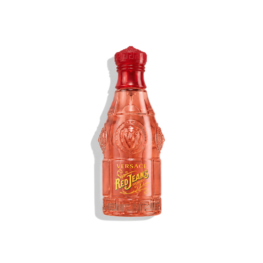 Bottle of Versace Red Jeans EDT fragrance on a white background with soft shadow