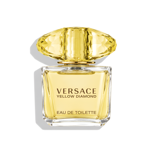 Bottle of Versace Yellow Diamond EDT fragrance on a white background with soft shadow