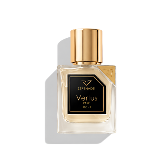 Bottle of Vertus Serenade EDP fragrance on a white background with soft shadow