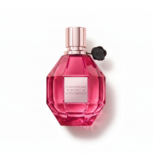 Bottle of Viktor & Rolf Flowerbomb Ruby Orchid EDP fragrance on a white background with soft shadow