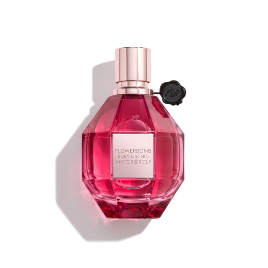 Bottle of Viktor&Rolf Flowerbomb Ruby Orchid EDP fragrance on a white background with soft shadow