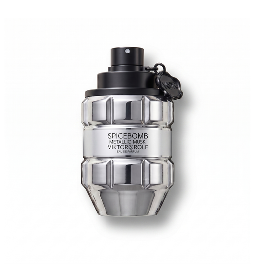 Bottle of Viktor & Rolf Spicebomb Metallic Musk EDP fragrance on a white background with soft shadow