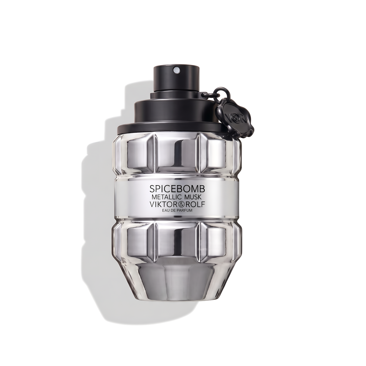 Bottle of Viktor&Rolf Spicebomb Metallic Musk EDP fragrance on a white background with soft shadow