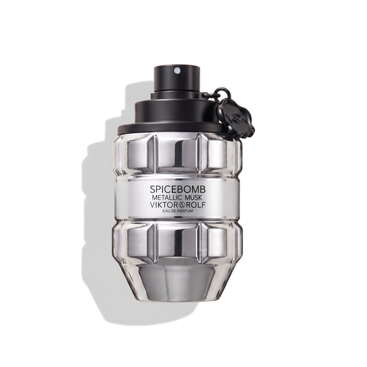 Bottle of Viktor&Rolf Spicebomb Metallic Musk EDP fragrance on a white background with soft shadow