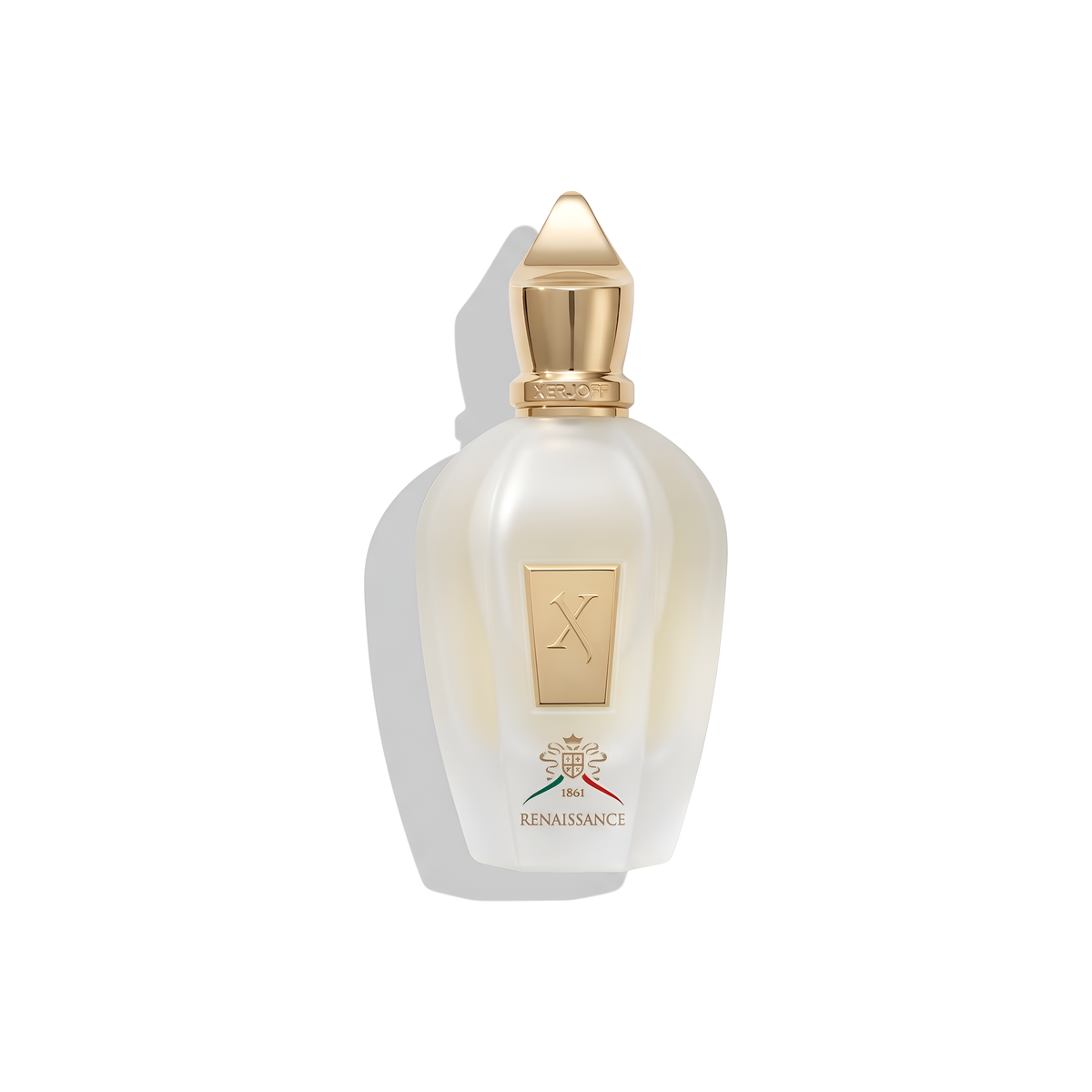 Bottle of Xerjoff Renaissance EDP fragrance on a white background with soft shadow