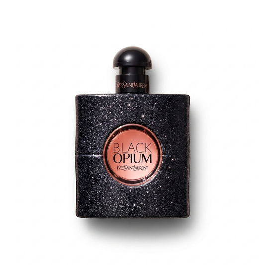 Bottle of YSL Black Opium EDP fragrance on a white background with soft shadow