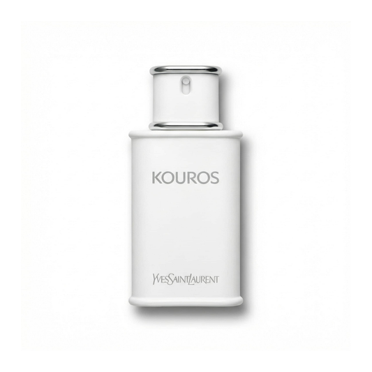 Bottle of YSL Kouros EDT fragrance on a white background with soft shadow