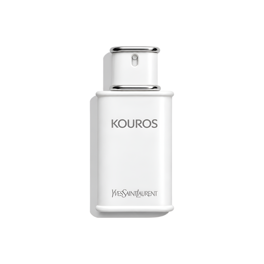 Bottle of YSL Kouros EDT fragrance on a white background with soft shadow