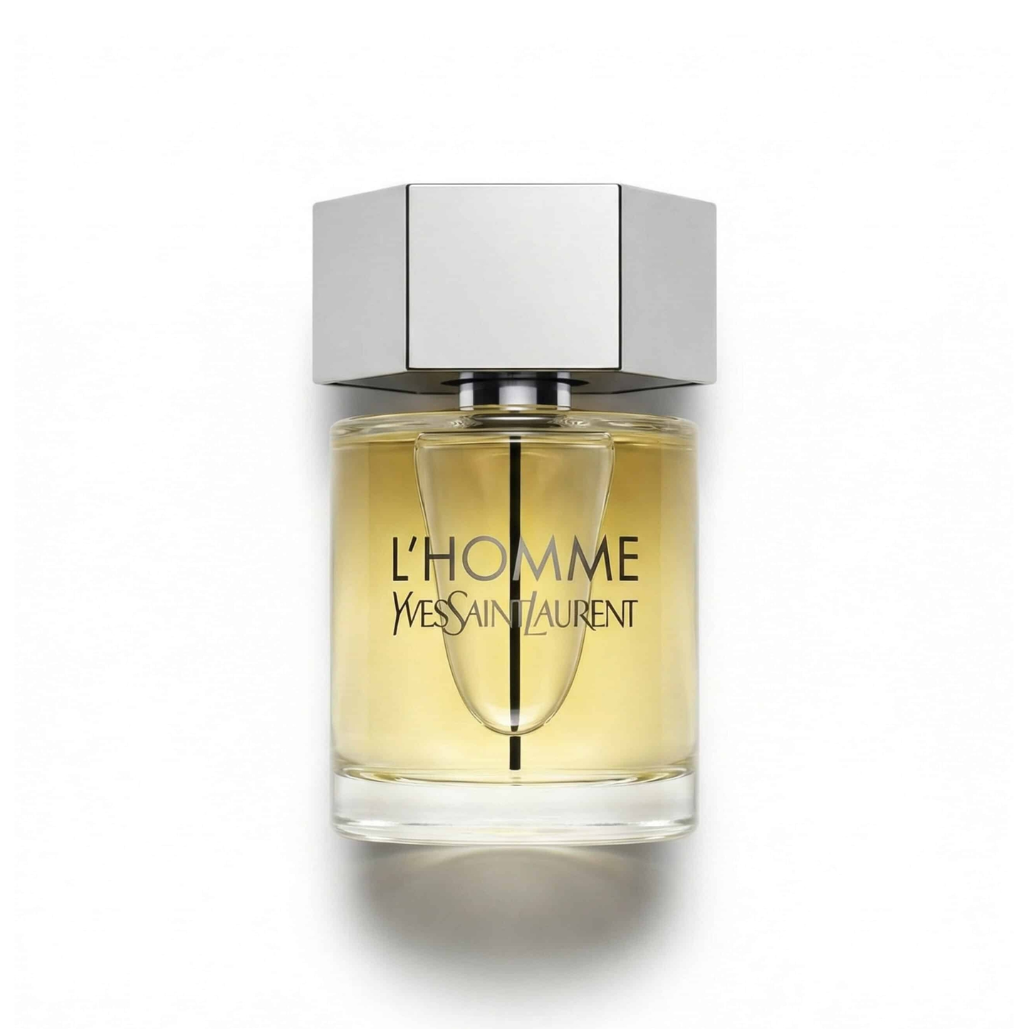 Bottle of YSL L’Homme (Batch 2015) EDT fragrance on a white background with soft shadow
