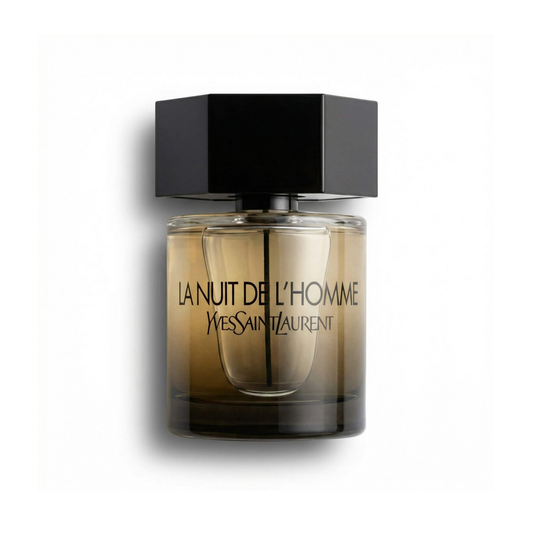 Bottle of YSL La Nuit de LHomme (Batch 2012) EDT fragrance on a white background with soft shadow