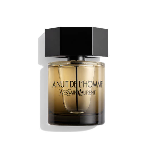 Bottle of YSL La Nuit de LHomme (Batch 2012) EDT fragrance on a white background with soft shadow