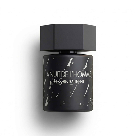 Bottle of YSL La Nuit de l’Homme Collector’s Edition (Batch 2014) EDT fragrance on a white background with soft shadow