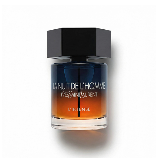 Bottle of YSL La Nuit de l’Homme L’Intense (Batch 2015) EDP fragrance on a white background with soft shadow