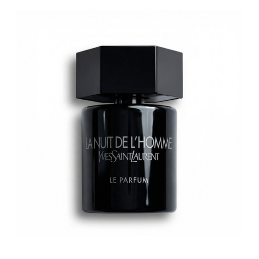 Bottle of YSL La Nuit de l’Homme Le Parfum (Batch 2013) fragrance on a white background with soft shadow
