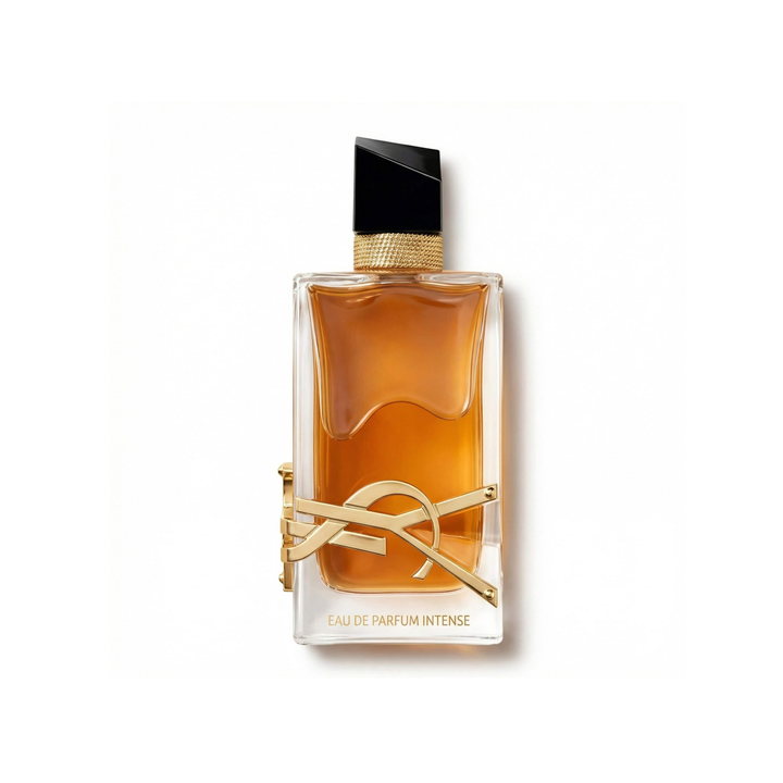 Bottle of YSL Libre Intense EDP fragrance on a white background with soft shadow