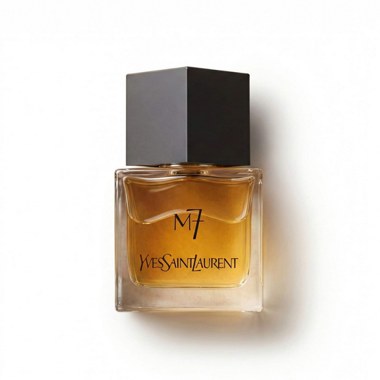Bottle of YSL M7 EDT fragrance on a white background with soft shadow