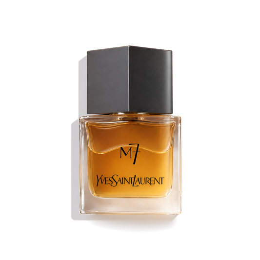 Bottle of YSL M7 EDT fragrance on a white background with soft shadow