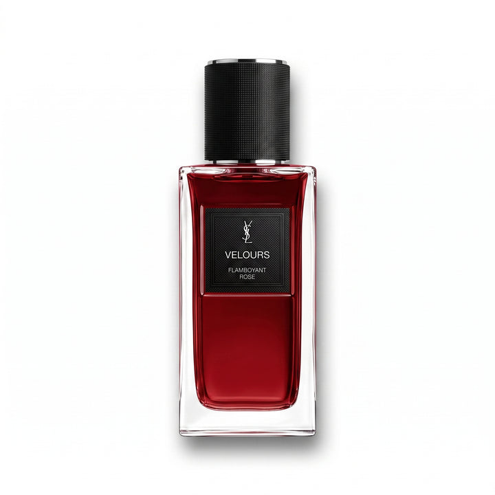 Bottle of YSL Velours Flamboyant Rose EDP fragrance on a white background with soft shadow
