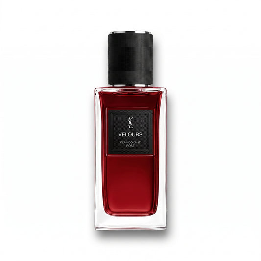 Bottle of YSL Velours Flamboyant Rose EDP fragrance on a white background with soft shadow