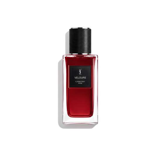 Bottle of YSL Velours Flamboyant Rose EDP fragrance on a white background with soft shadow