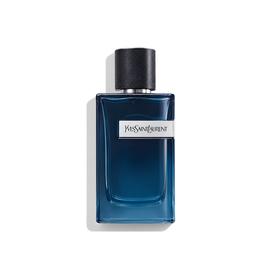 Bottle of YSL Y Eau de Parfum Intense fragrance on a white background with soft shadow