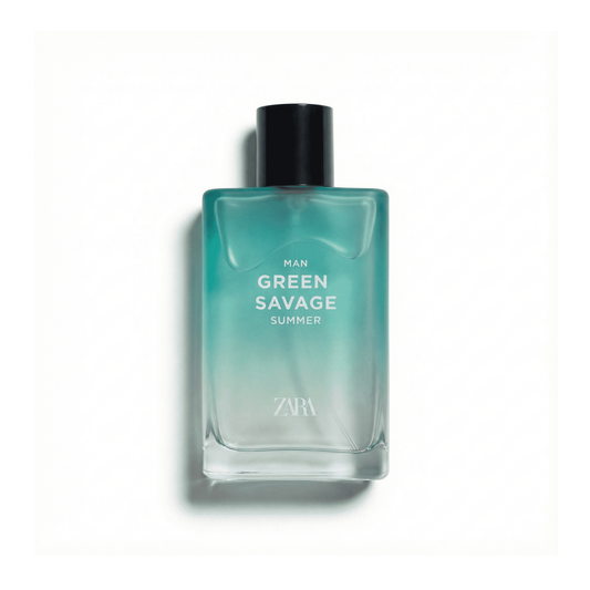 Bottle of Zara Green Savage Summer EDT fragrance on a white background with soft shadow