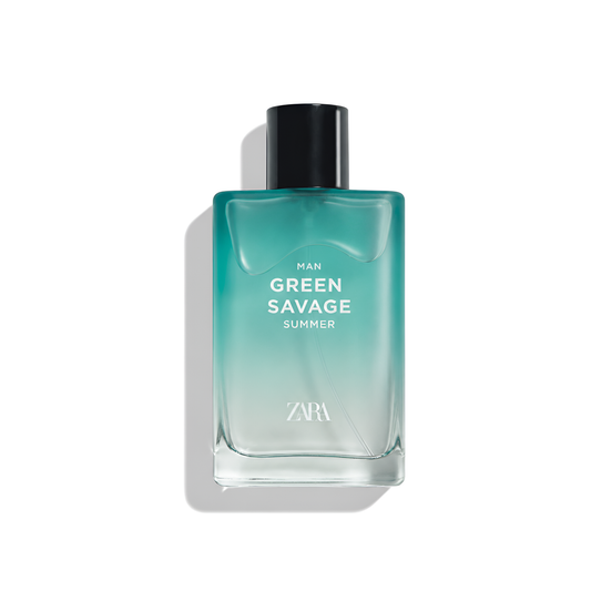 Bottle of Zara Green Savage Summer EDT fragrance on a white background with soft shadow