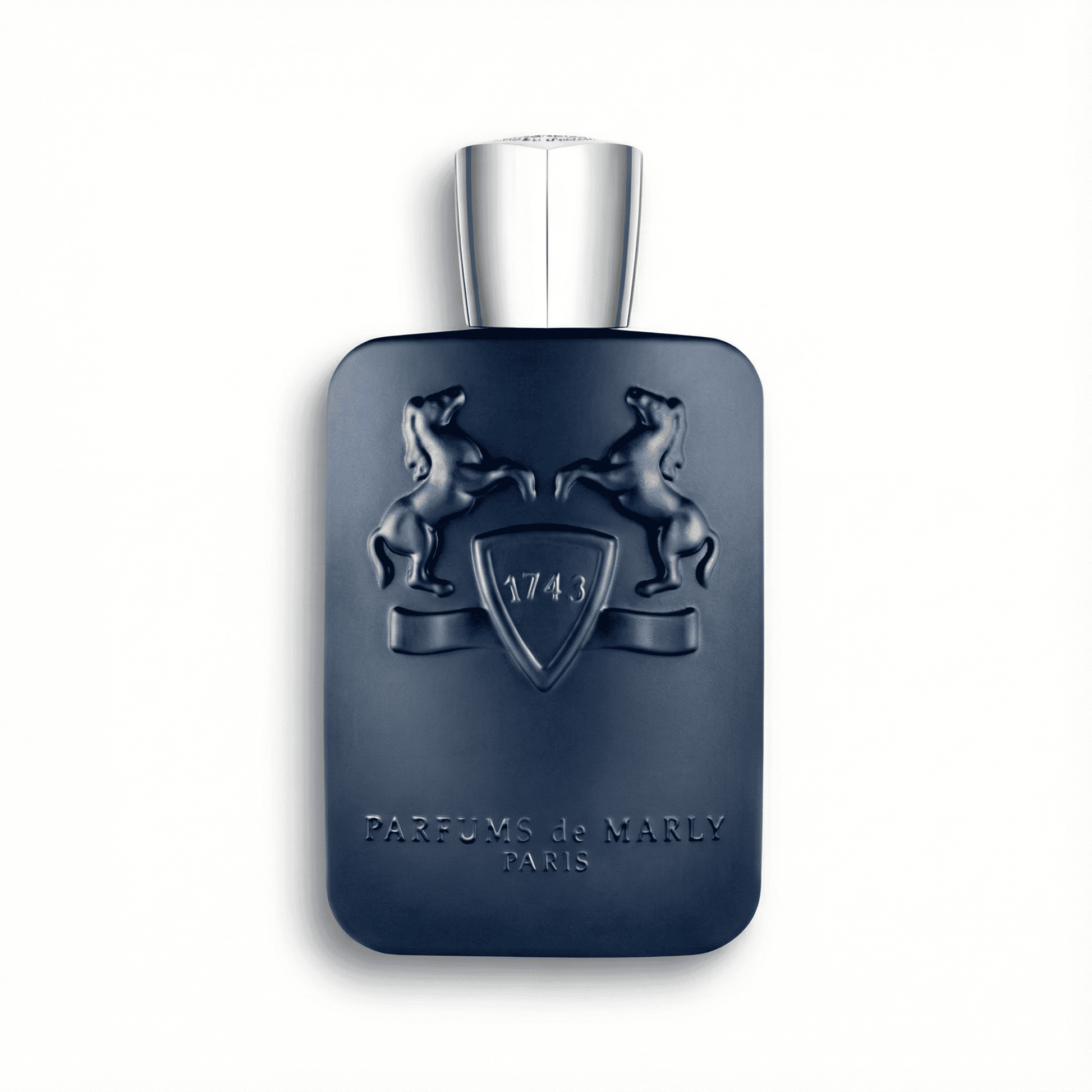 Luxurious men's perfume bottle with embossed crest design and sleek navy finish.