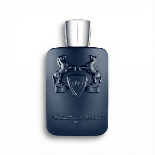 Luxurious men's perfume bottle with embossed crest design and sleek navy finish.